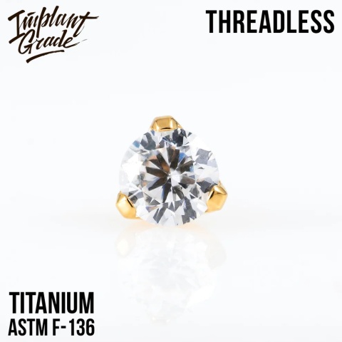 SKU: 1324-3 Threadless three prong set crystal top PVD Gold 3 mm