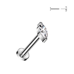 SKU: LBT154-BL 0,8/8mm Tytanowy labret push-in z białym kryształkiem Marquise prong set w kolorze srebrnym