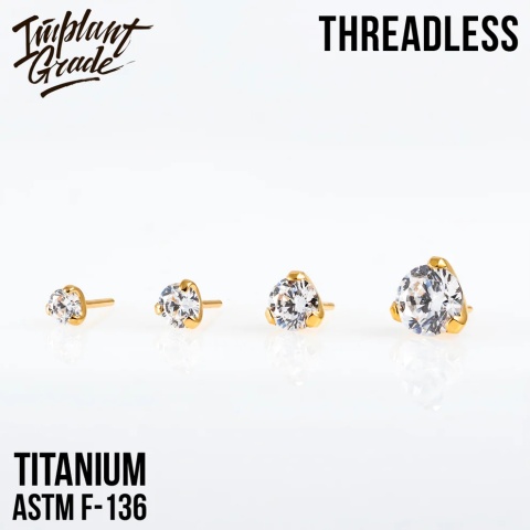 SKU: 1324-2,5 Threadless three prong set crystal top PVD Gold 2,5mm